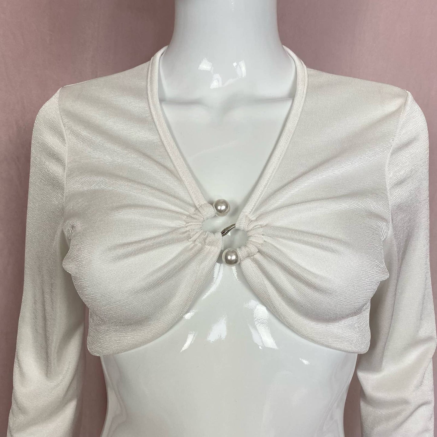 Secondhand White Ruched Plunge Neck Crop Long Sleeve, Size Large