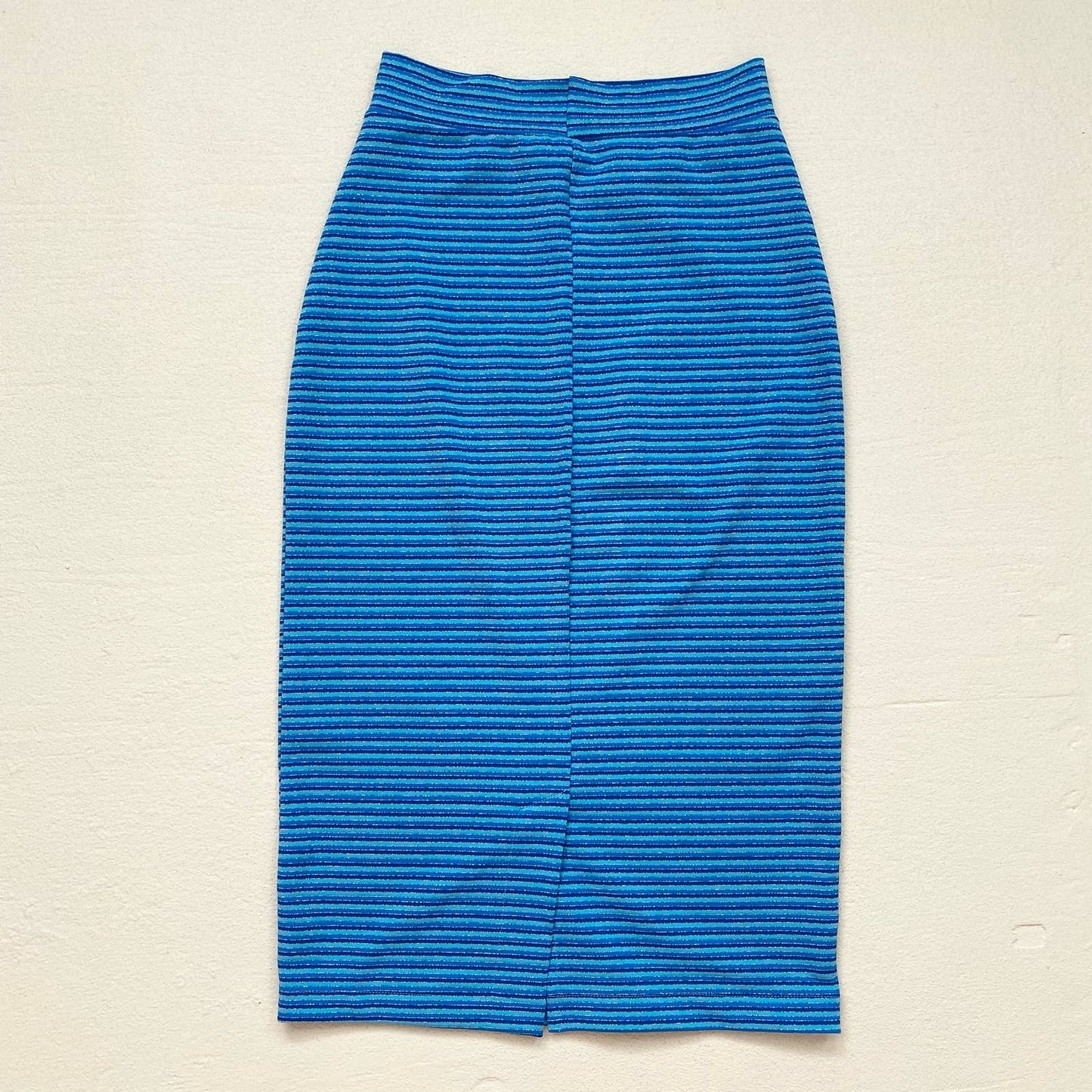 Vintage Metallic Striped Blue Pencil Stretch Skirt, Size Small