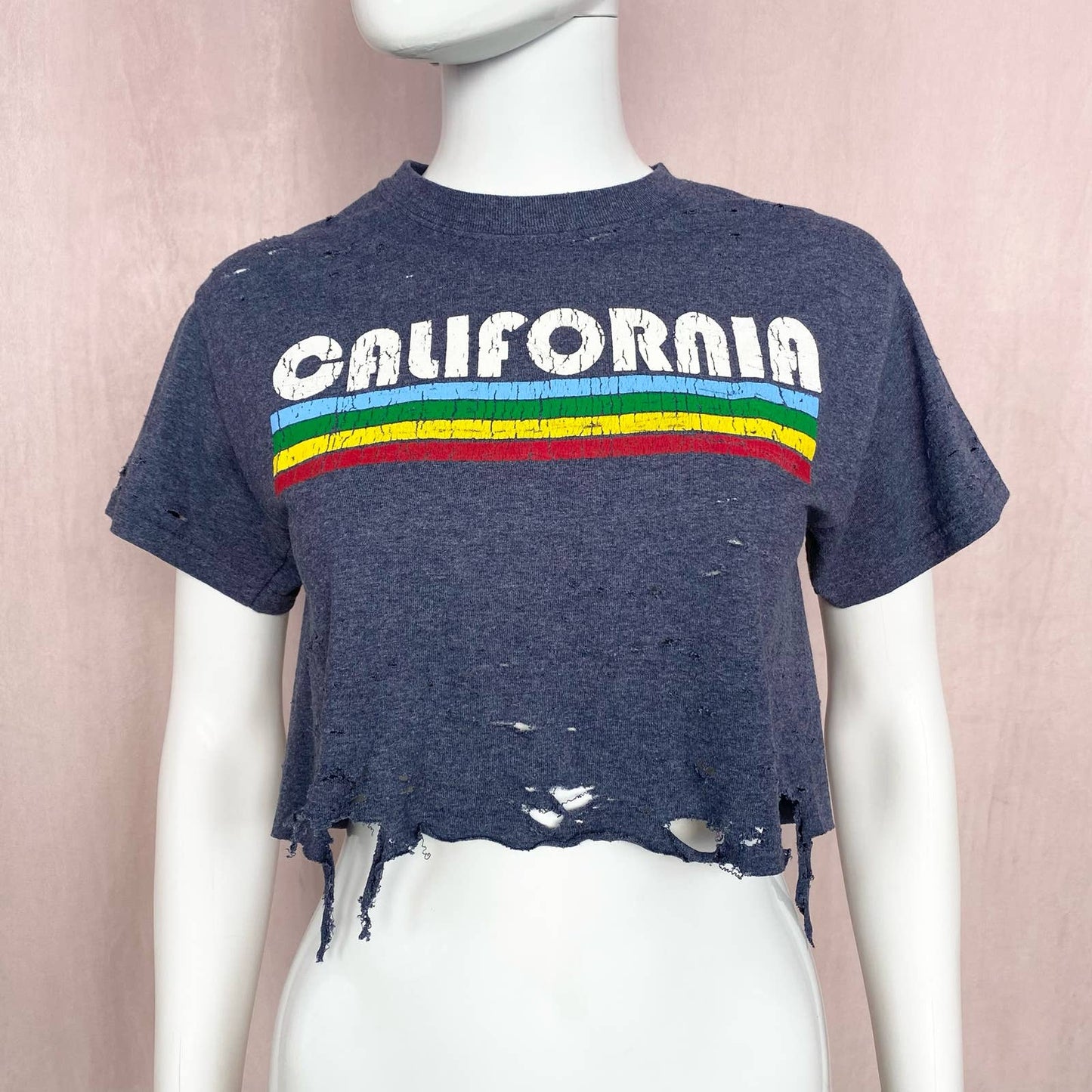 Reworked California Distressed Crop Tee, Size Small
