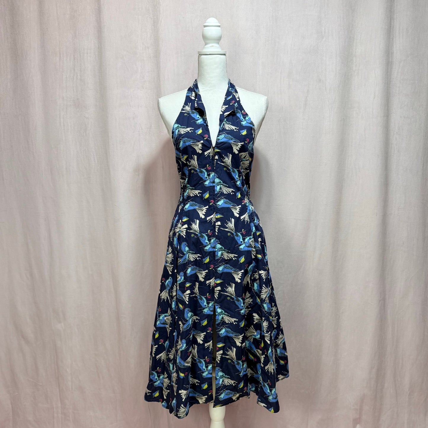 Secondhand Title A Bird Print Fit & Flare Halter Midi Dress, Size Small