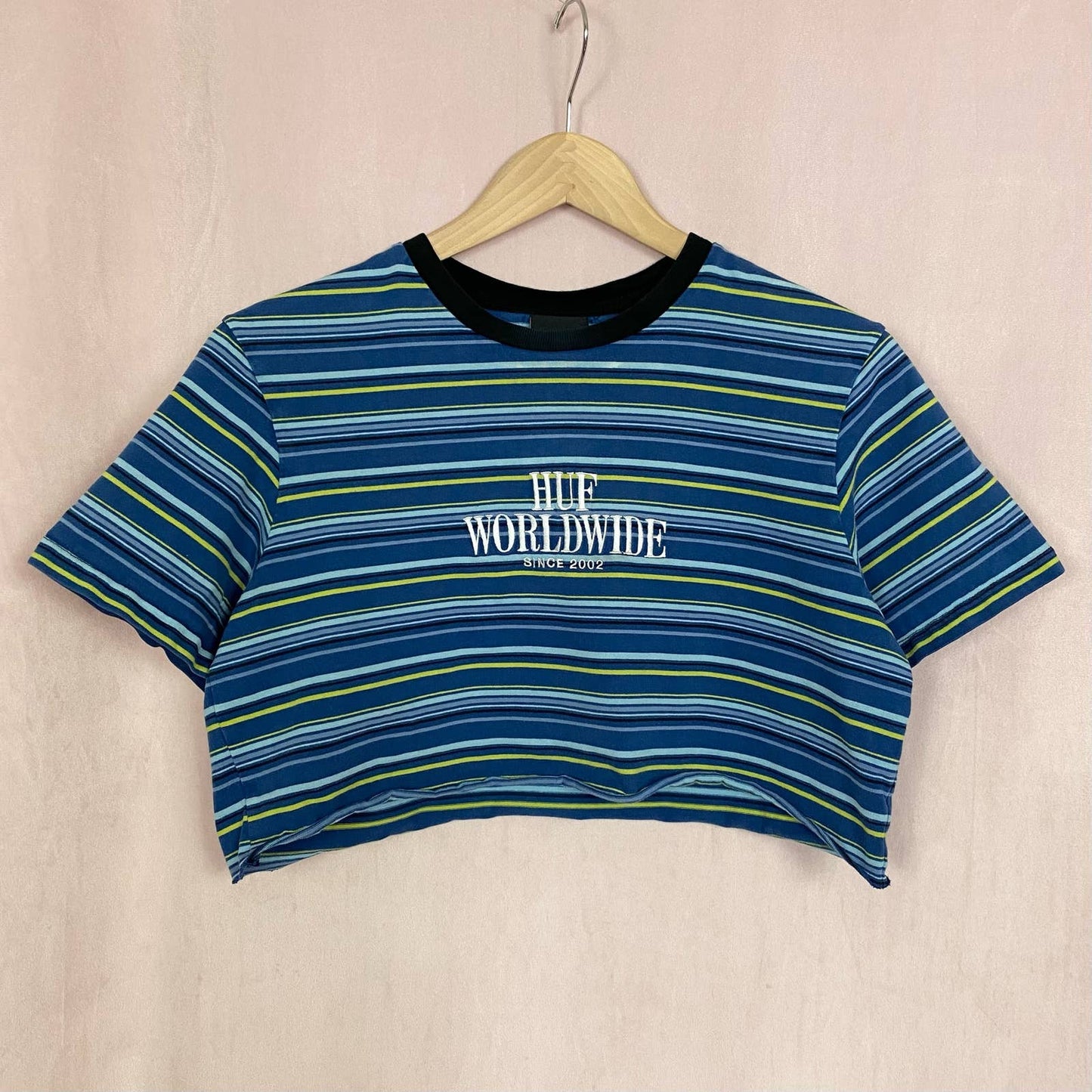 Reworked HUF Worldwide Stripe Knit Crop Tee, Size Medium