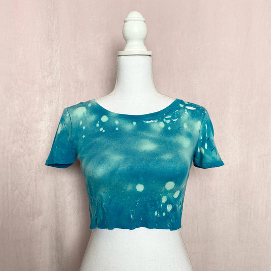 Reworked Distressed Acid Wash Blue Crop Tee, Size XS