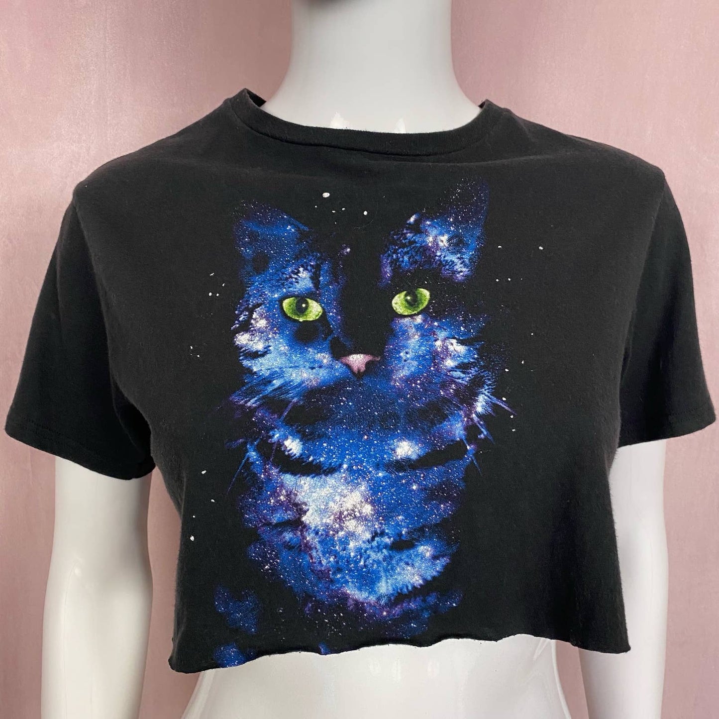 Reworked Galaxy Cat Crop Tee, Size Medium