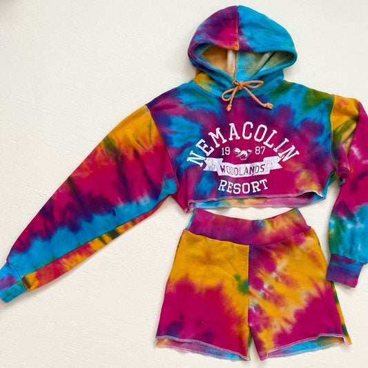 Upcycled Y2K Tie Dye Crop Hoodie & Shorts Set, Size XS