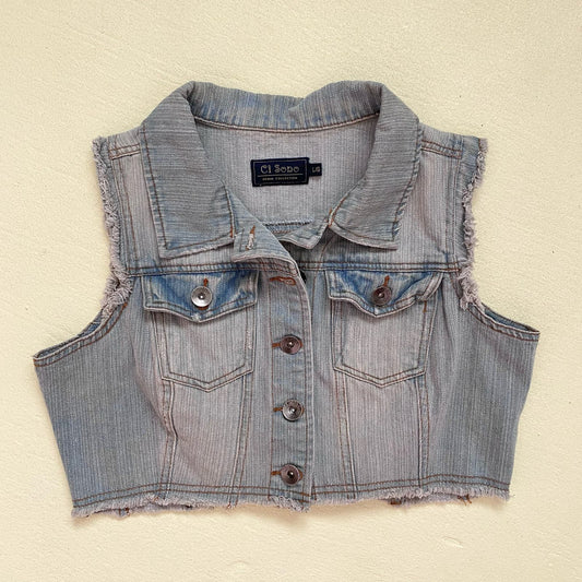 Secondhand Ci Sono Denim Frayed Hem Crop Button Up Vest, Size Medium