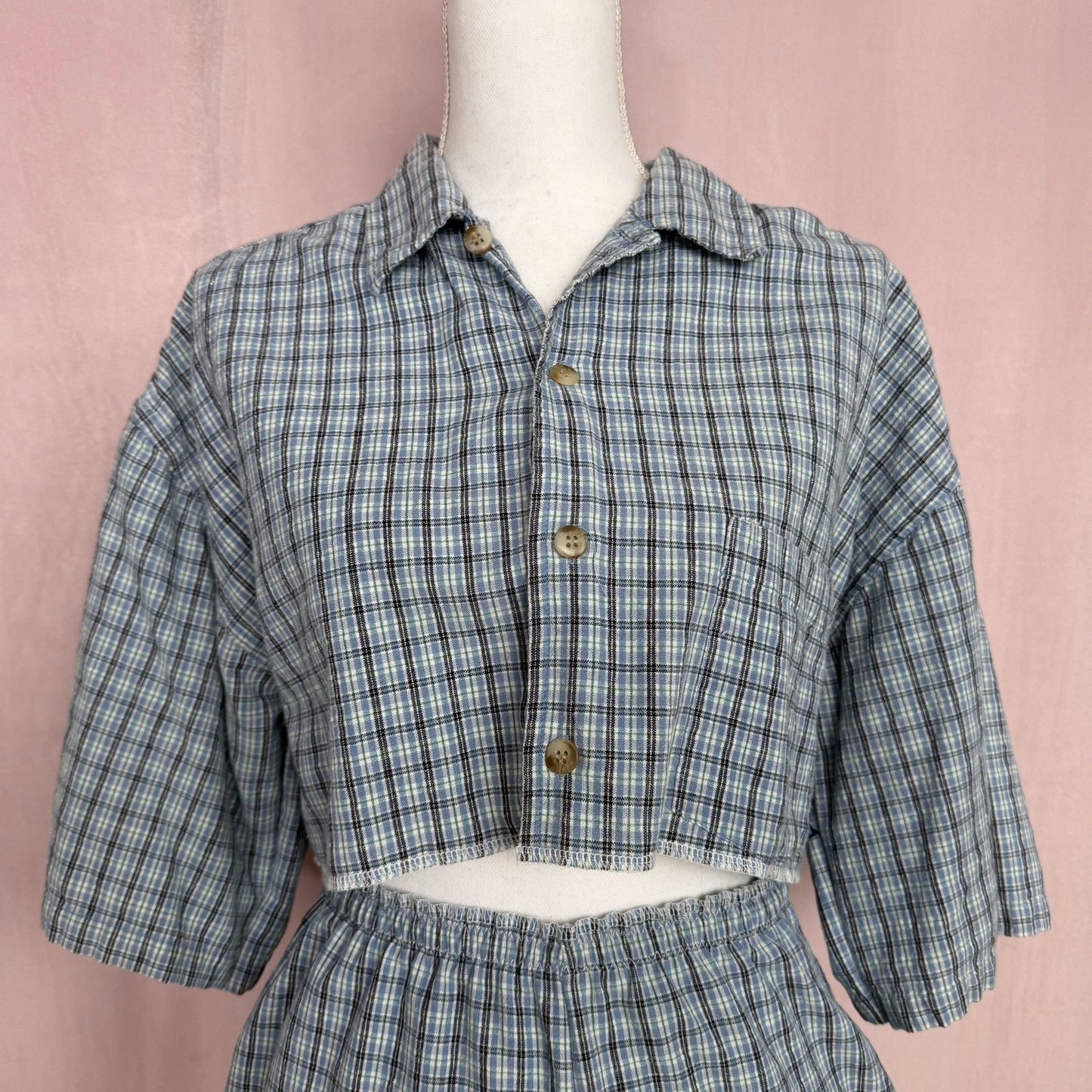 Upcycled Button Up Crop Shirt & Boxer Shorts Set, Size S/M
