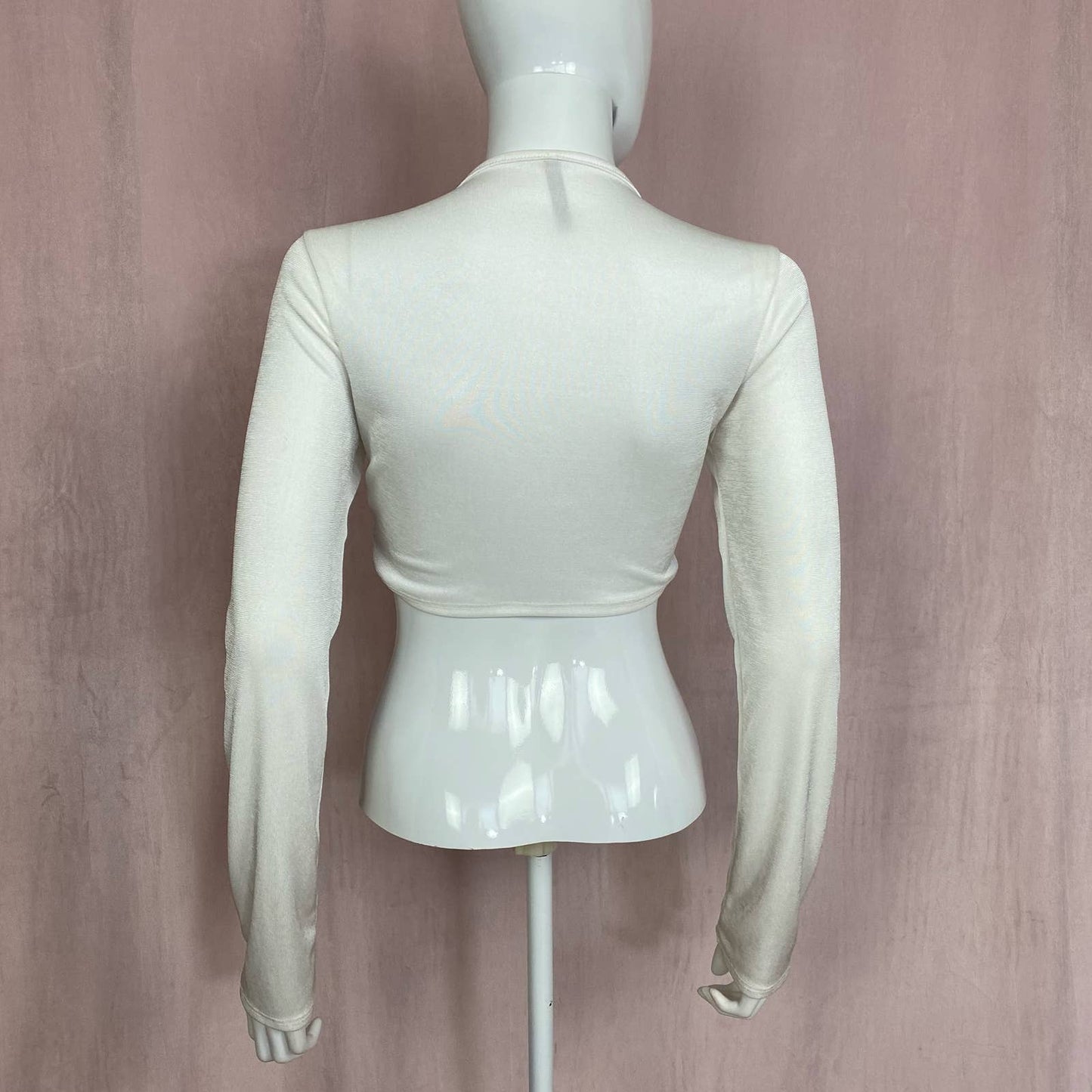 Secondhand White Ruched Plunge Neck Crop Long Sleeve, Size Large