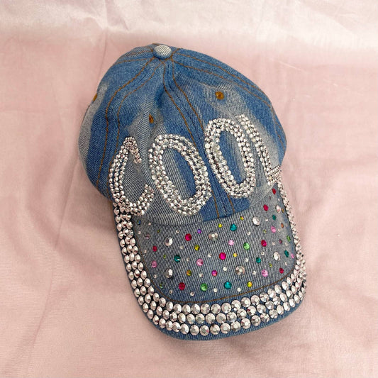 Upcycled COOL Rhinestone Denim Cap Hat