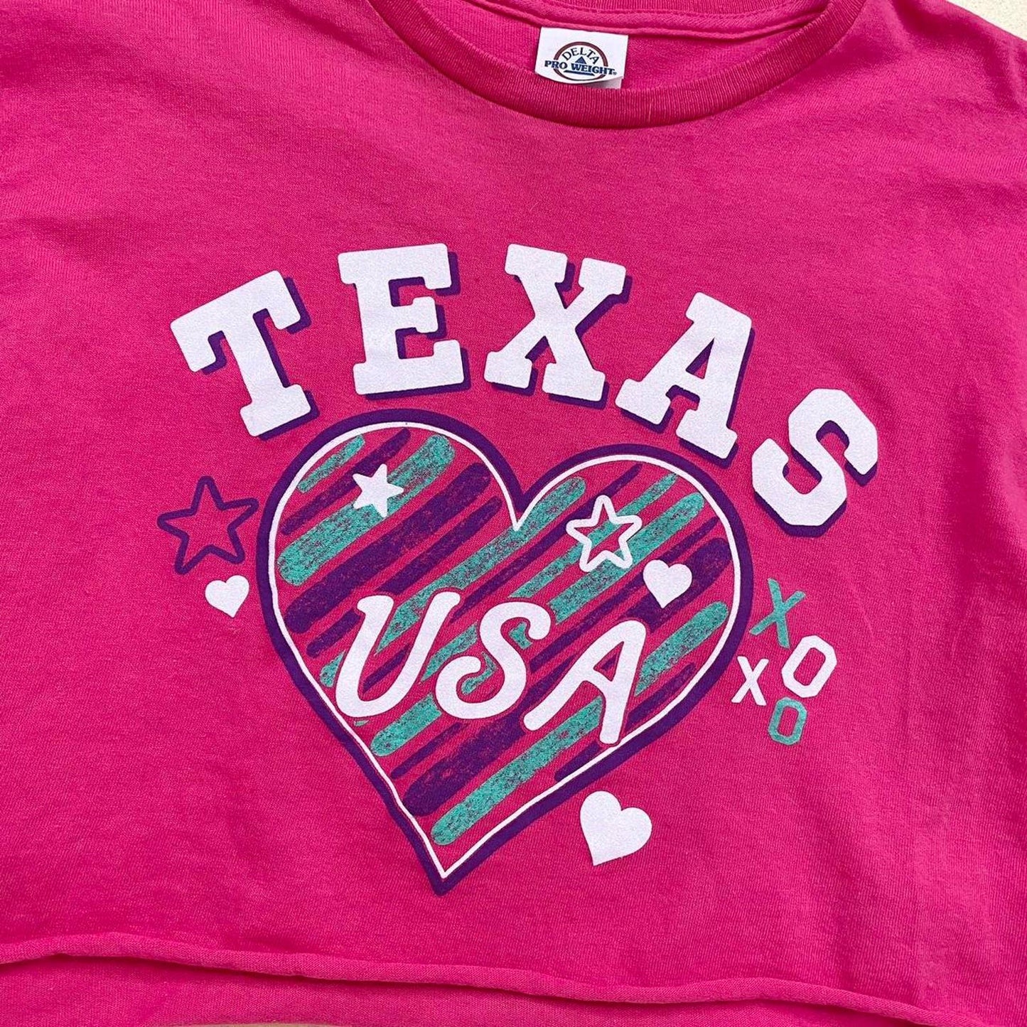 Reworked Texas USA Pink Heart Crop Tee, Size Small