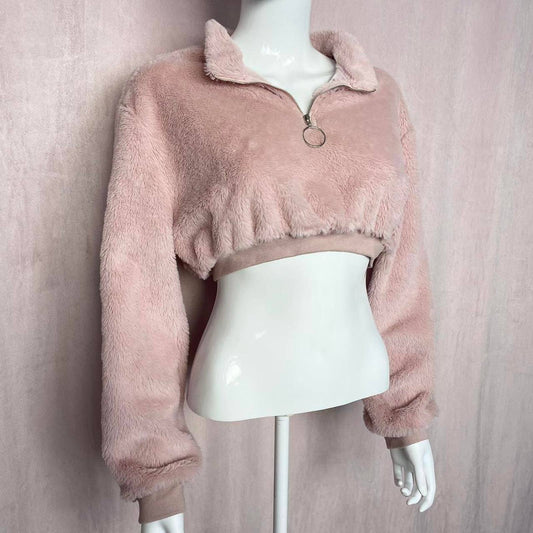 Reworked Pink Crop Half Zip Teddy Jacket, Size Medium