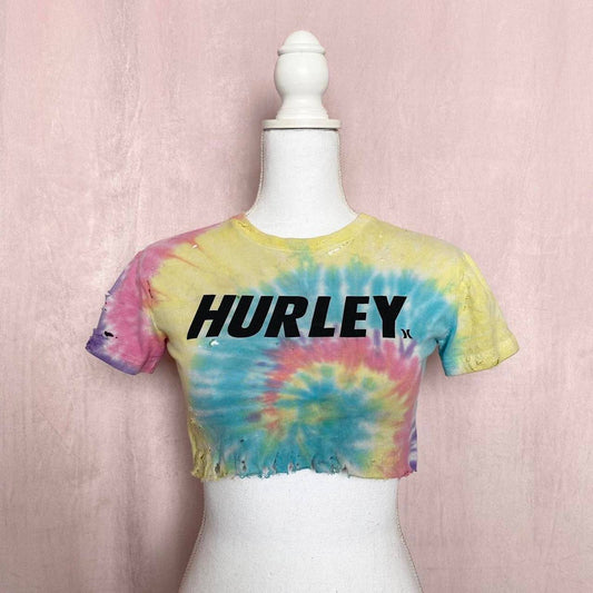 Reworked Hurley Distressed Tie Dye Crop Baby Tee, Size XS