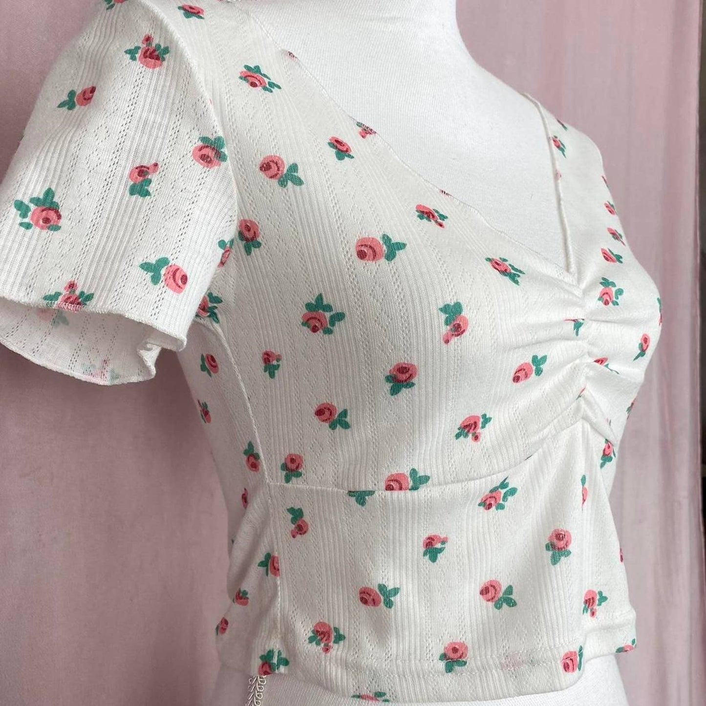Secondhand Over Kleshas Floral Crop Short Sleeve Blouse, Size Medium