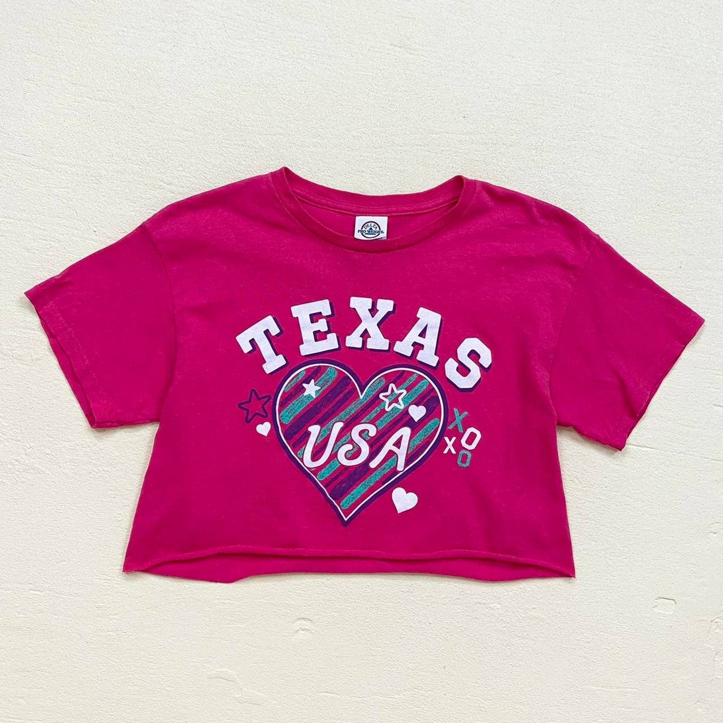 Reworked Texas USA Pink Heart Crop Tee, Size Small