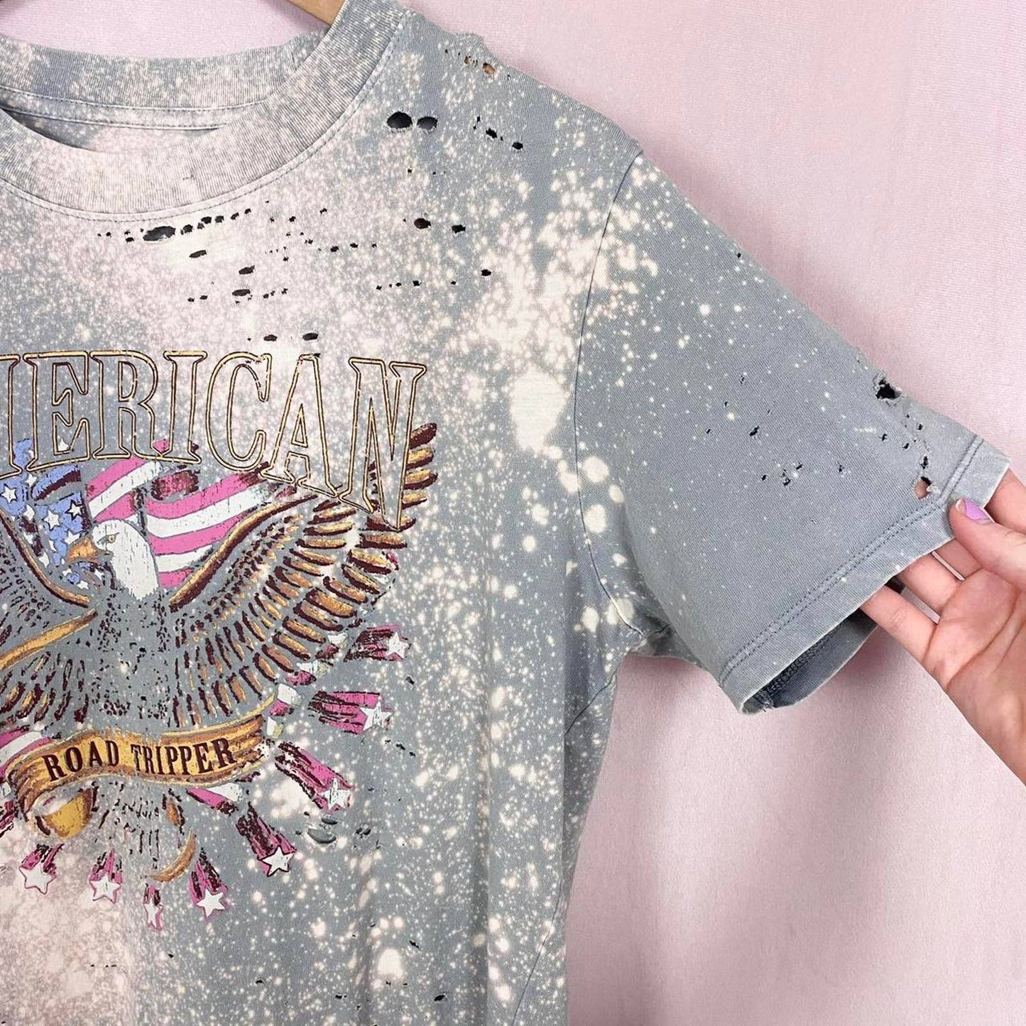 Upcycled Cotton On Distressed Bleached American Graphic Tee, Size Large