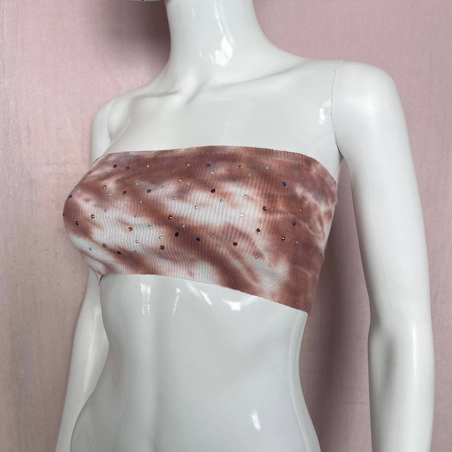 Scrap Fabric Rhinestone Tie Dye Crop Tube Top, Size Small