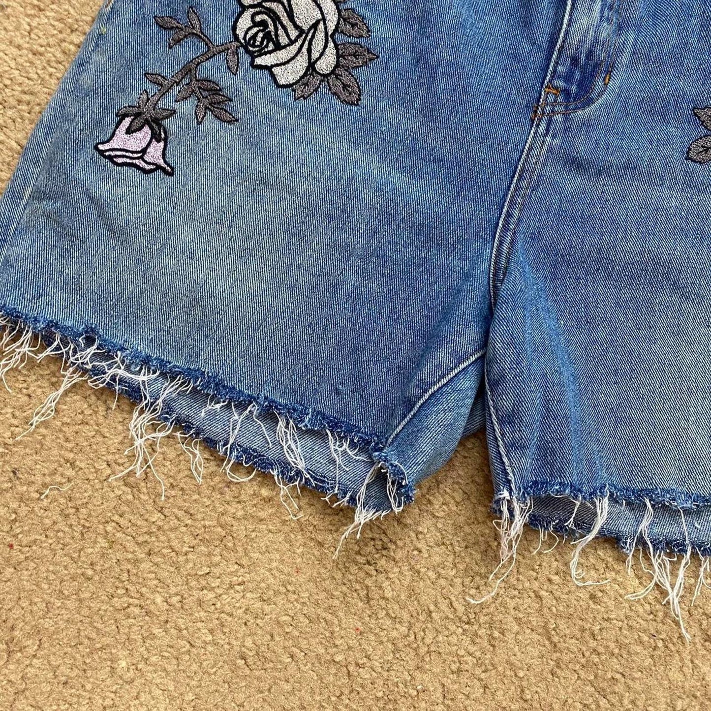 Reworked PacSun Floral Embroidered Cut Off Denim Shorts, Size 30