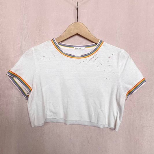 Reworked Marine Layer Distressed Rainbow Trim Crop Tee, Size Small