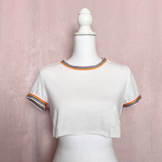 Reworked Marine Layer Distressed Rainbow Trim Crop Tee, Size Small