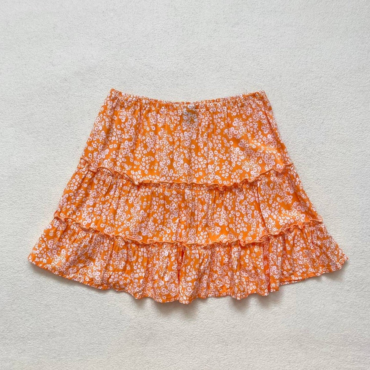 Secondhand Art Class Orange Floral Tiered Mini Skirt, Size Small
