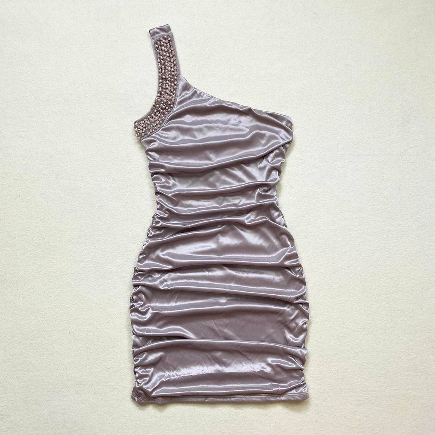 Secondhand Deb One Shoulder Embellished Ruched Satin Dress, Size Small