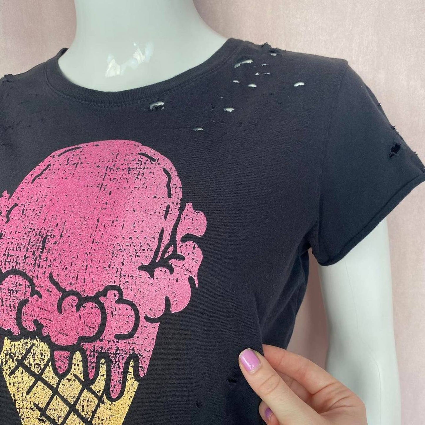Reworked Distressed Ice Cream Tee, Size Small