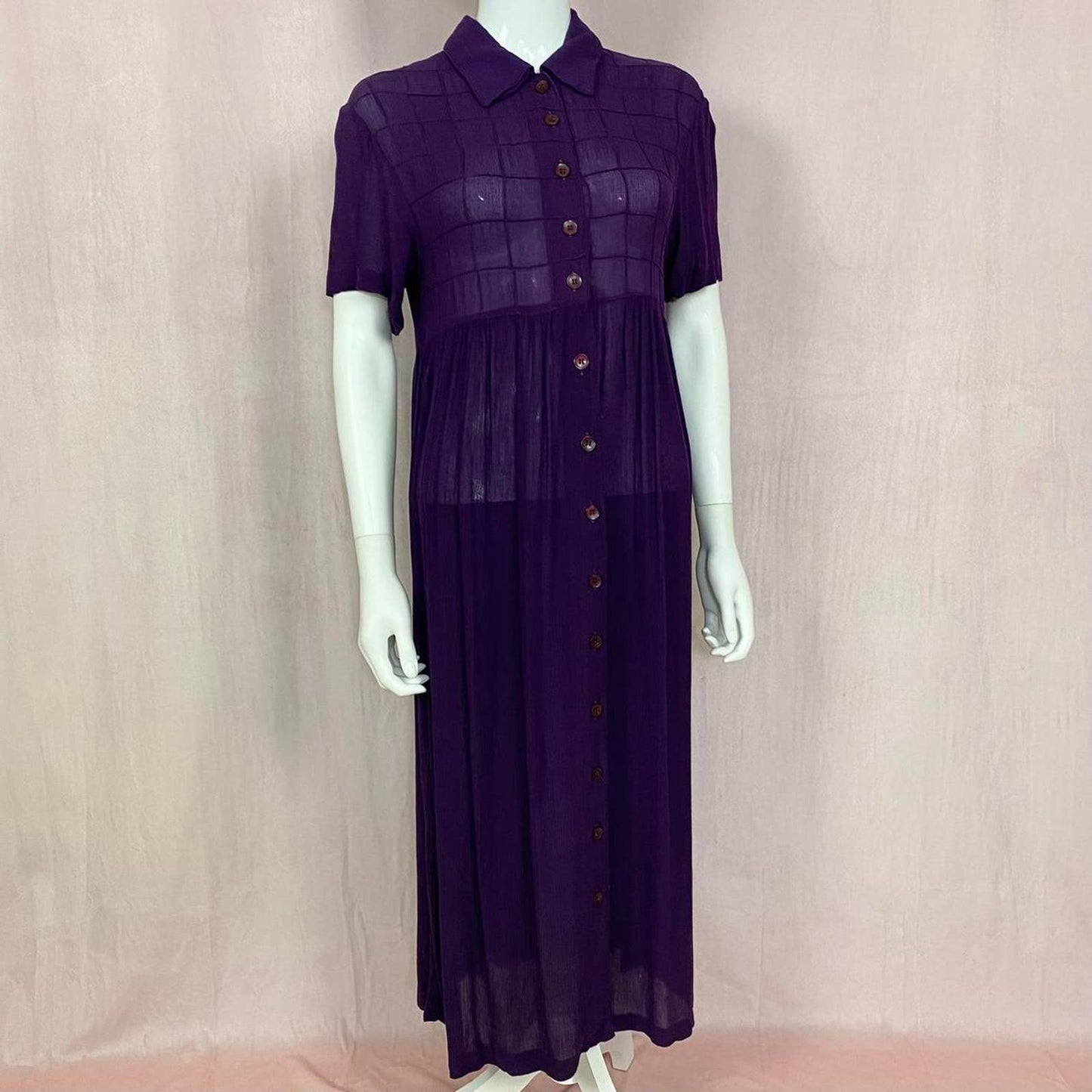 Vintage Erika Taylor Purple Mesh Button Down Maxi Dress, Size Small