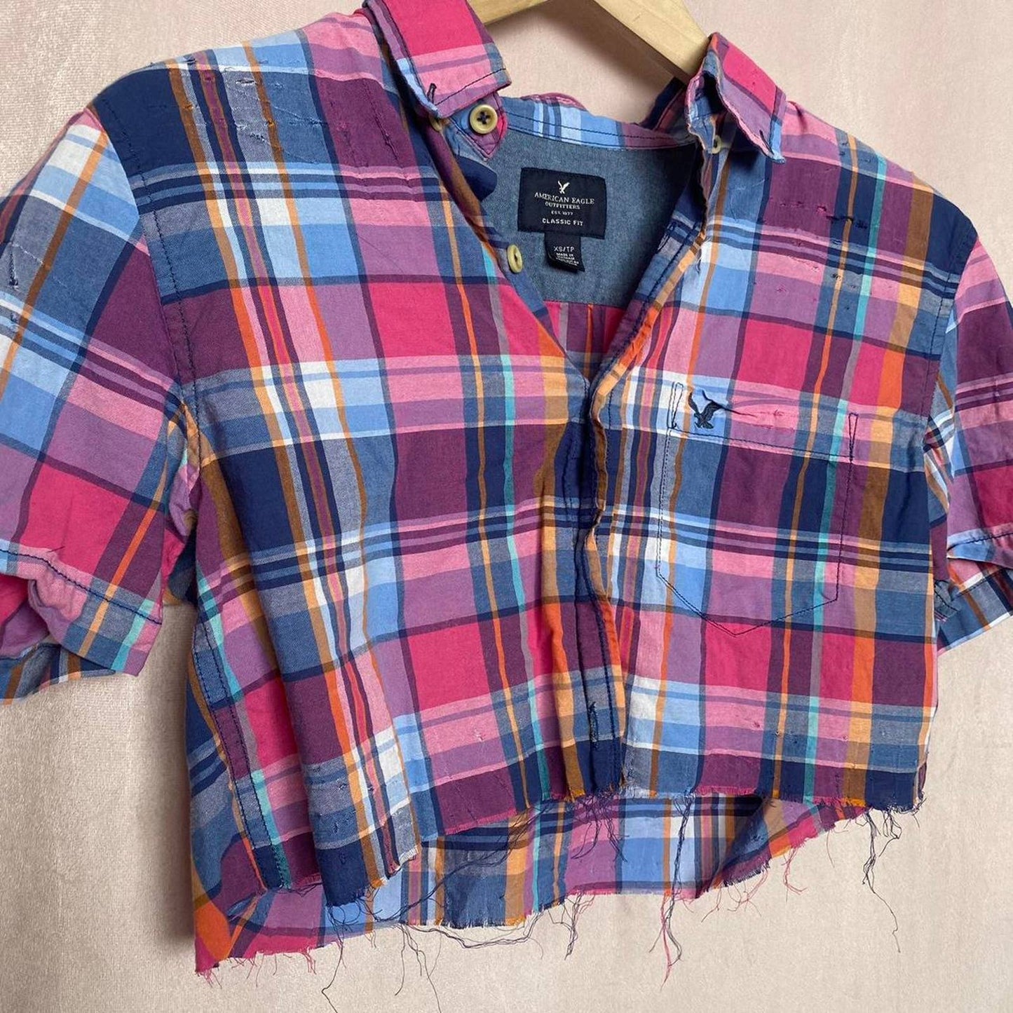 Upcycled Y2K American Eagle Outfitters Distressed Crop Button Up, Size XS