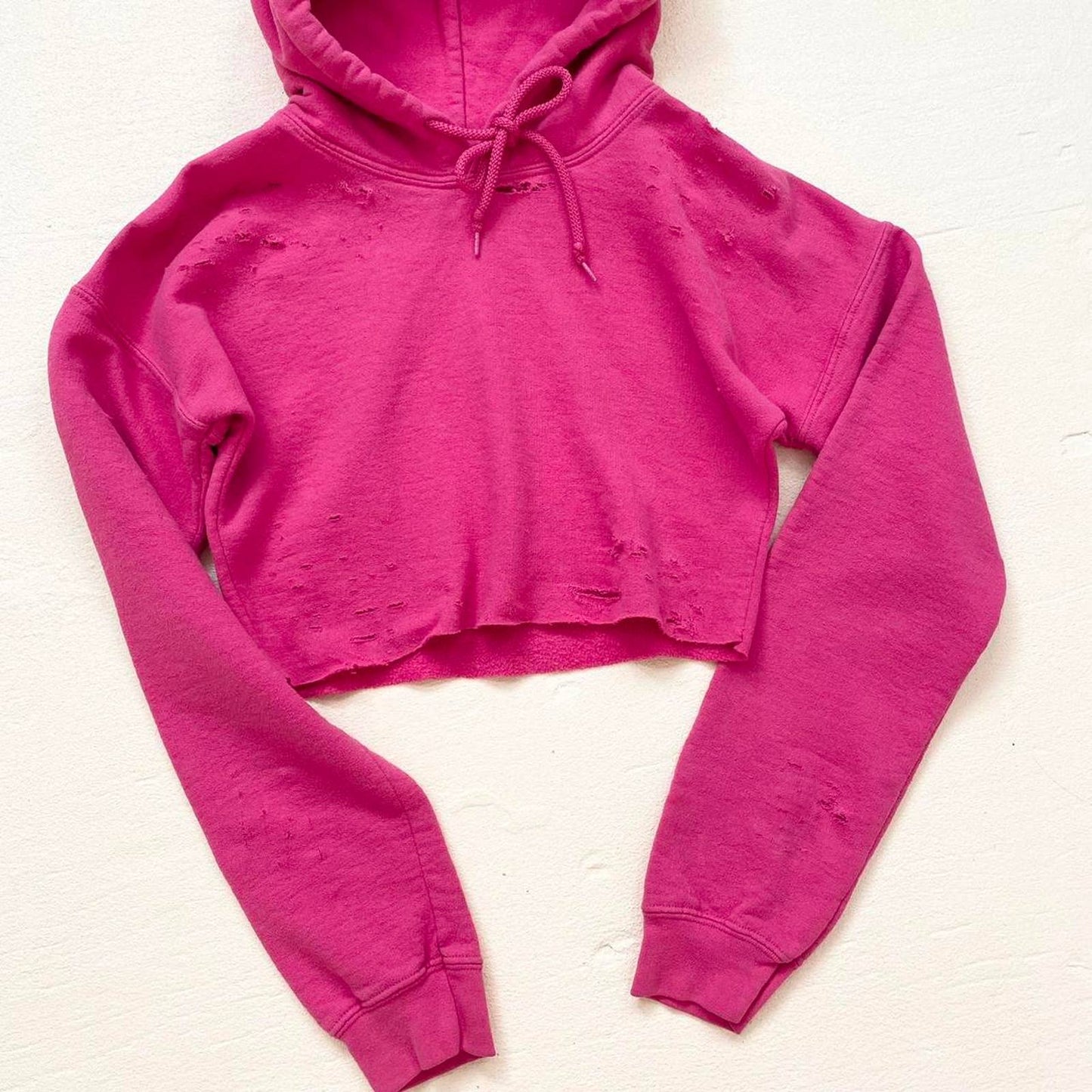 Upcycled Gildan Distressed Pink Crop Hoodie, Size Medium