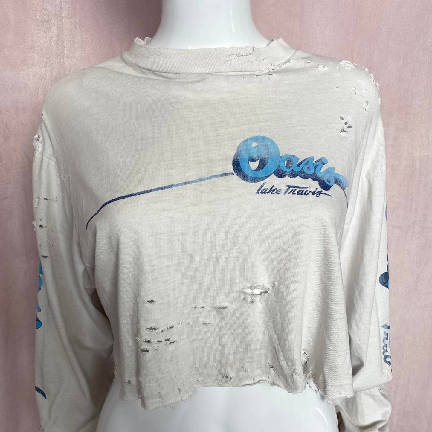 Upcycled Oasis Lake Travis Distressed Crop Long Sleeve, Size Large