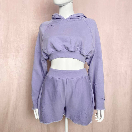 Upcycled Distressed Purple Crop Hoodie & Shorts Set, Size S/M