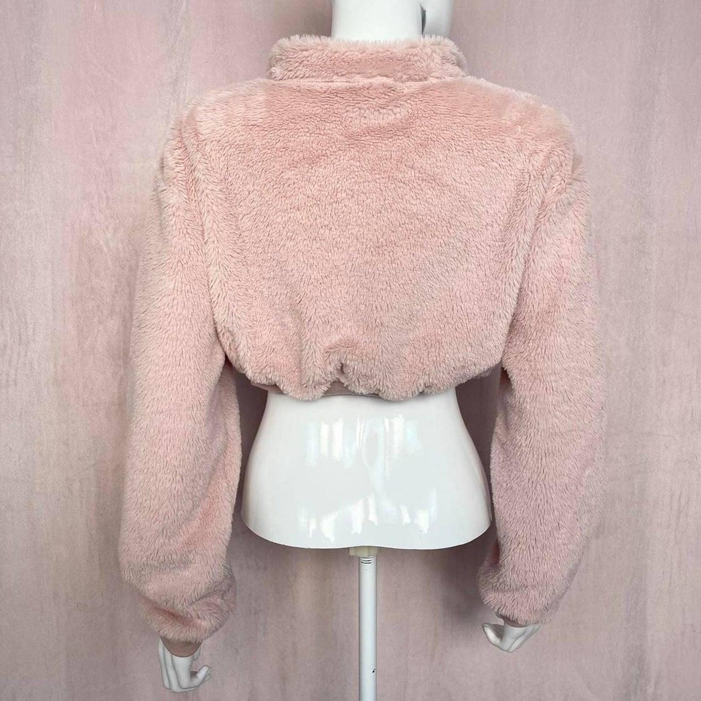 Reworked Pink Crop Half Zip Teddy Jacket, Size Medium