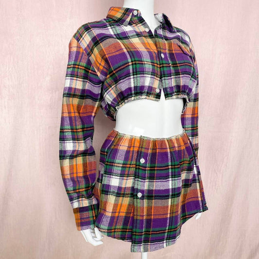 Upcycled Stussy Flannel Crop Jacket & Skirt Set, Size Small
