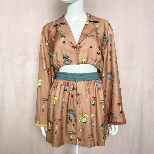 Upcycled Mushroom Crop Jacket & Skirt Set, Size S/M