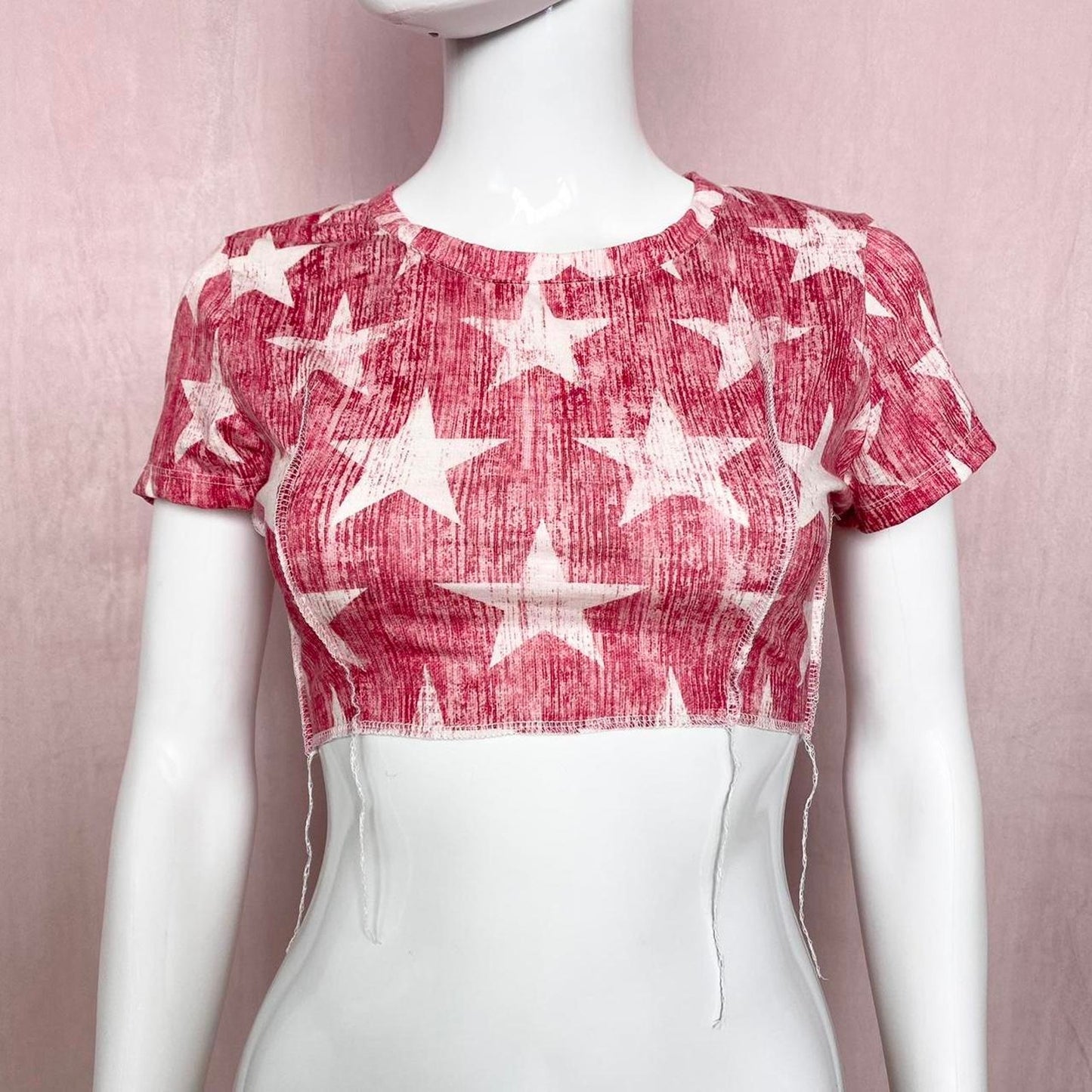 Reworked Christopher & Banks Red Star Stretchy Crop Top P/S Y2K Grunge Patriotic