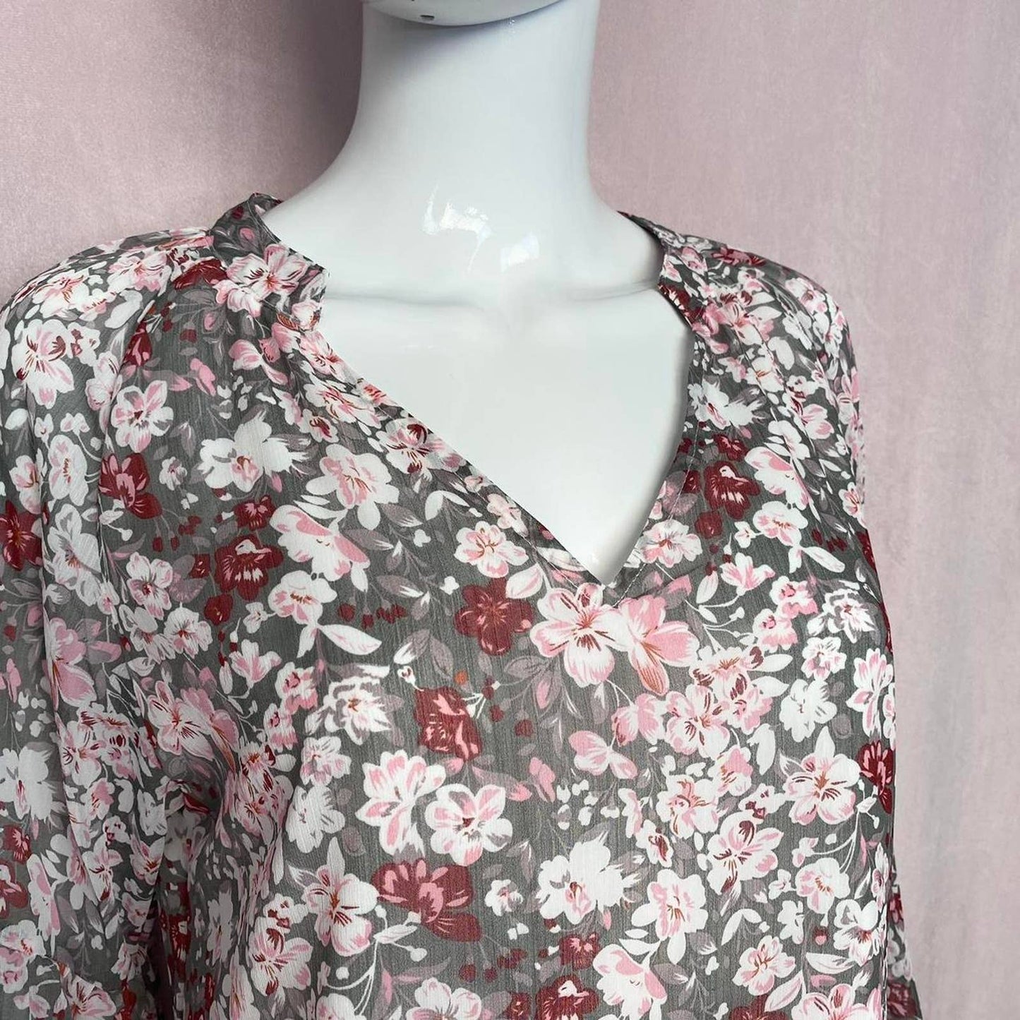 Secondhand Floral Chiffon V-Neck Long Sleeve Blouse, Size Medium