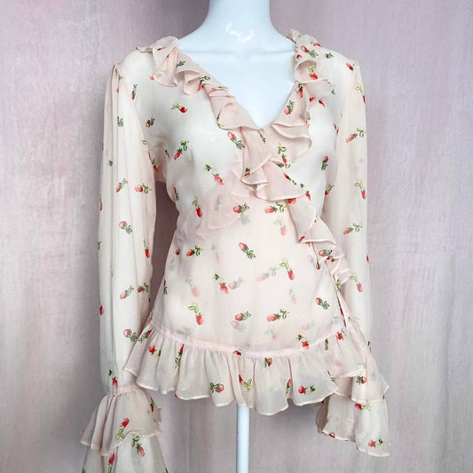 Y2K Moda International Floral Ruffle Wrap Silk Blouse, Size Medium