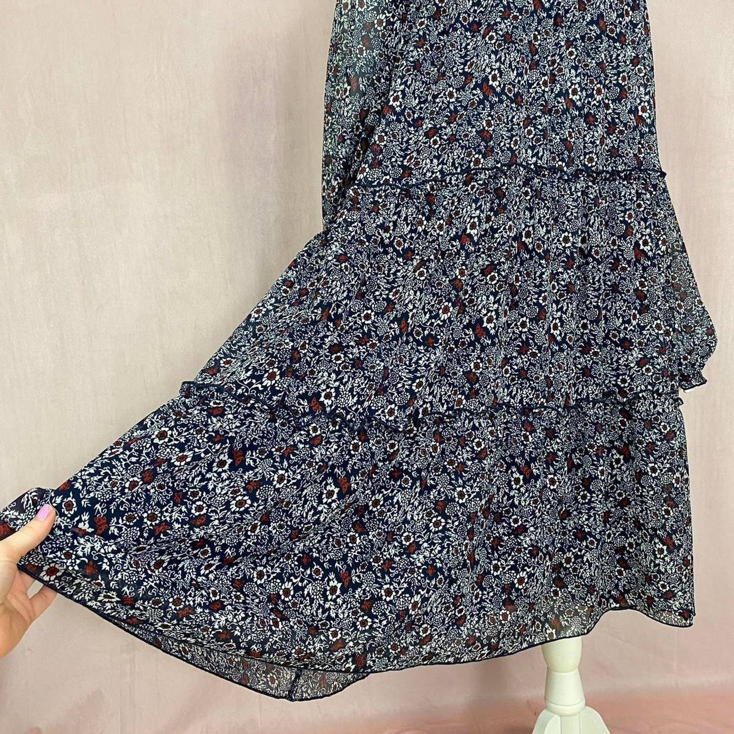 Secondhand Ellos Tier Ruffle Peasant Dress in Navy Ditsy Floral, Size 24
