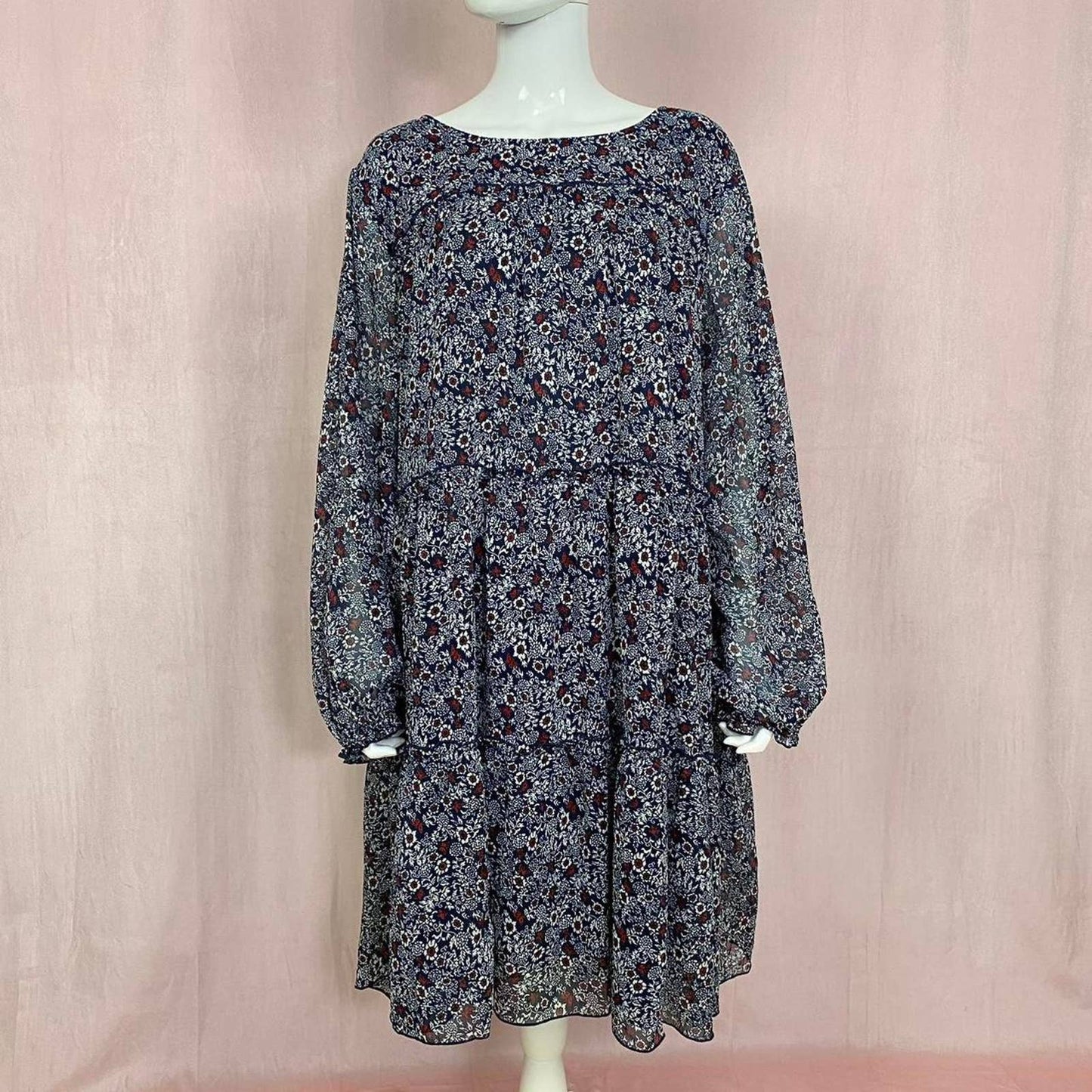 Secondhand Ellos Tier Ruffle Peasant Dress in Navy Ditsy Floral, Size 24