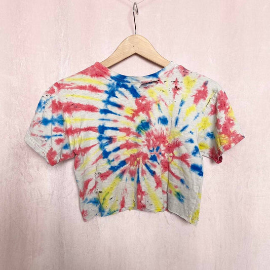 Reworked Tie Dye Distressed Crop Baby Tee, Size XS