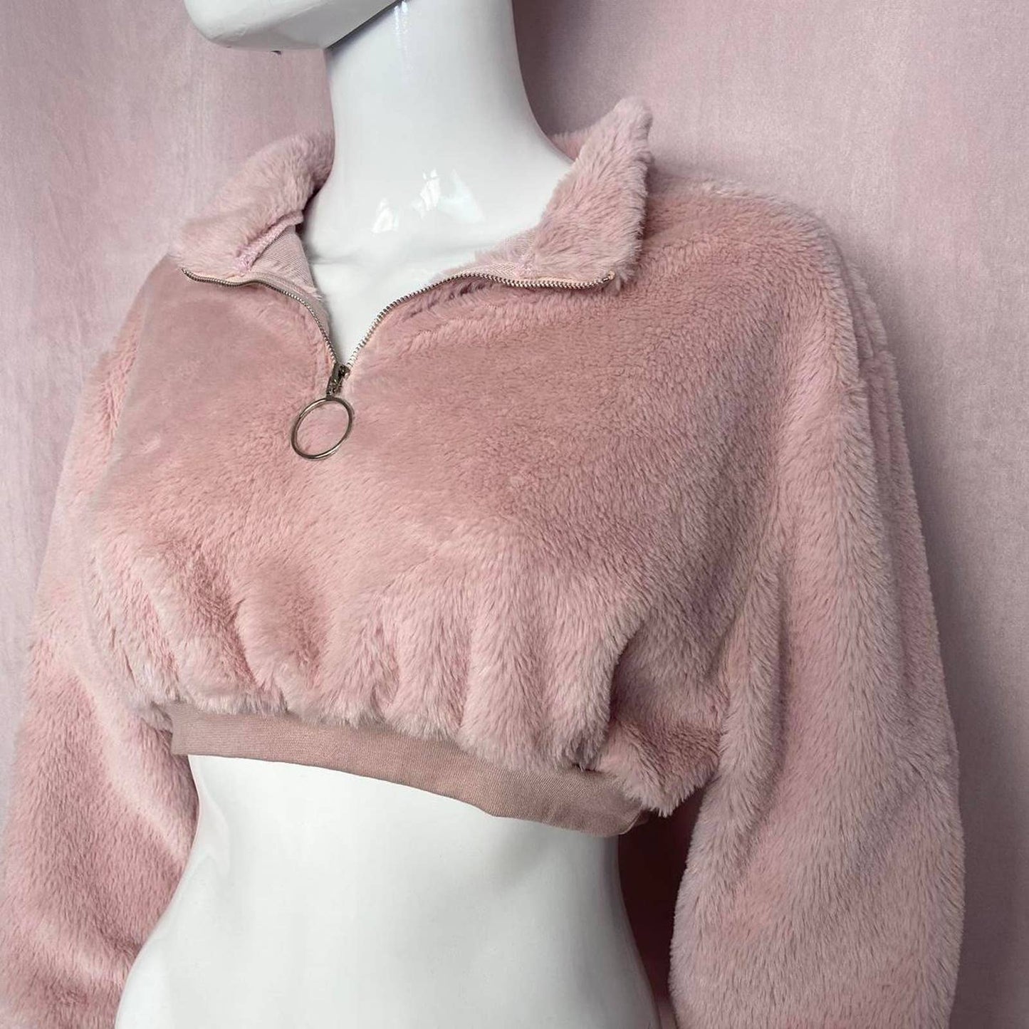 Reworked Pink Crop Half Zip Teddy Jacket, Size Medium