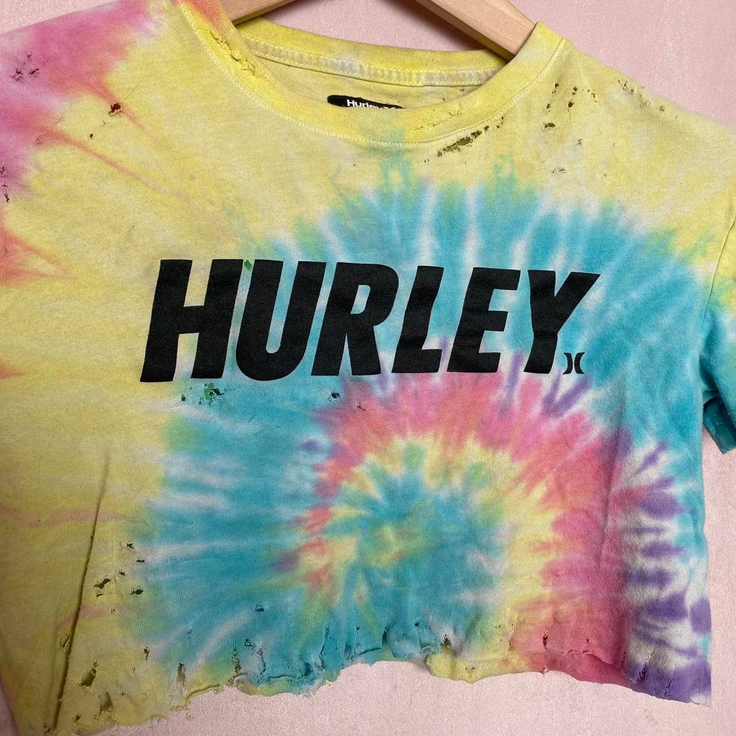 Reworked Hurley Distressed Tie Dye Crop Baby Tee, Size XS