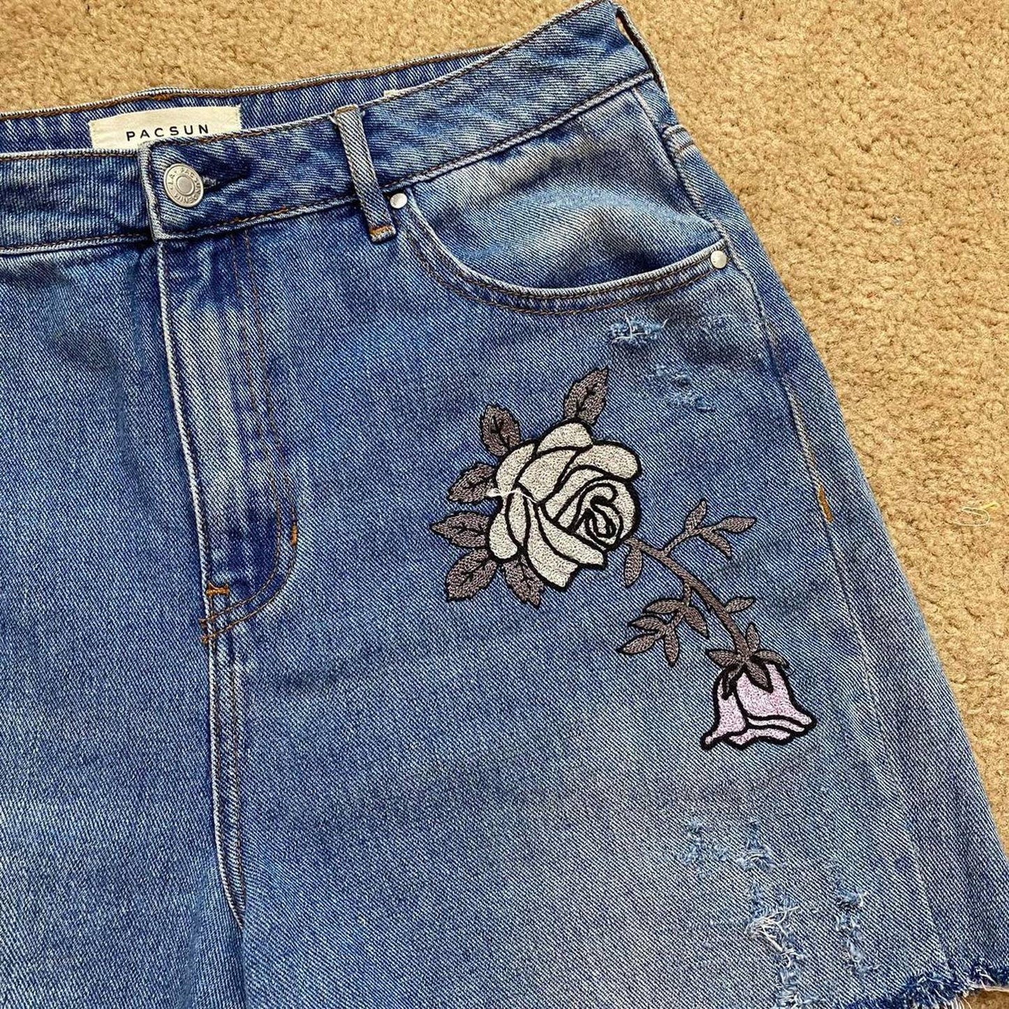 Reworked PacSun Floral Embroidered Cut Off Denim Shorts, Size 30