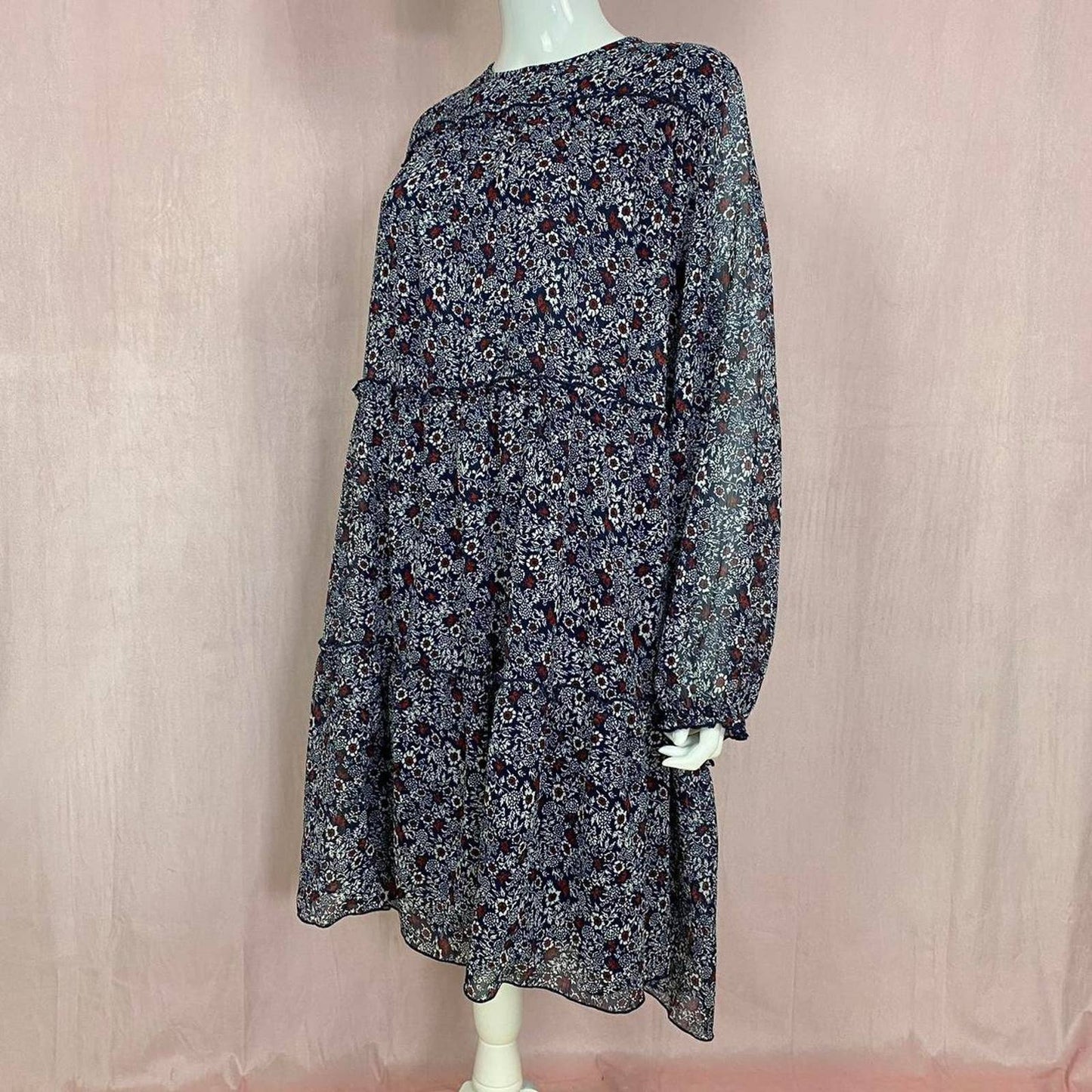 Secondhand Ellos Tier Ruffle Peasant Dress in Navy Ditsy Floral, Size 24