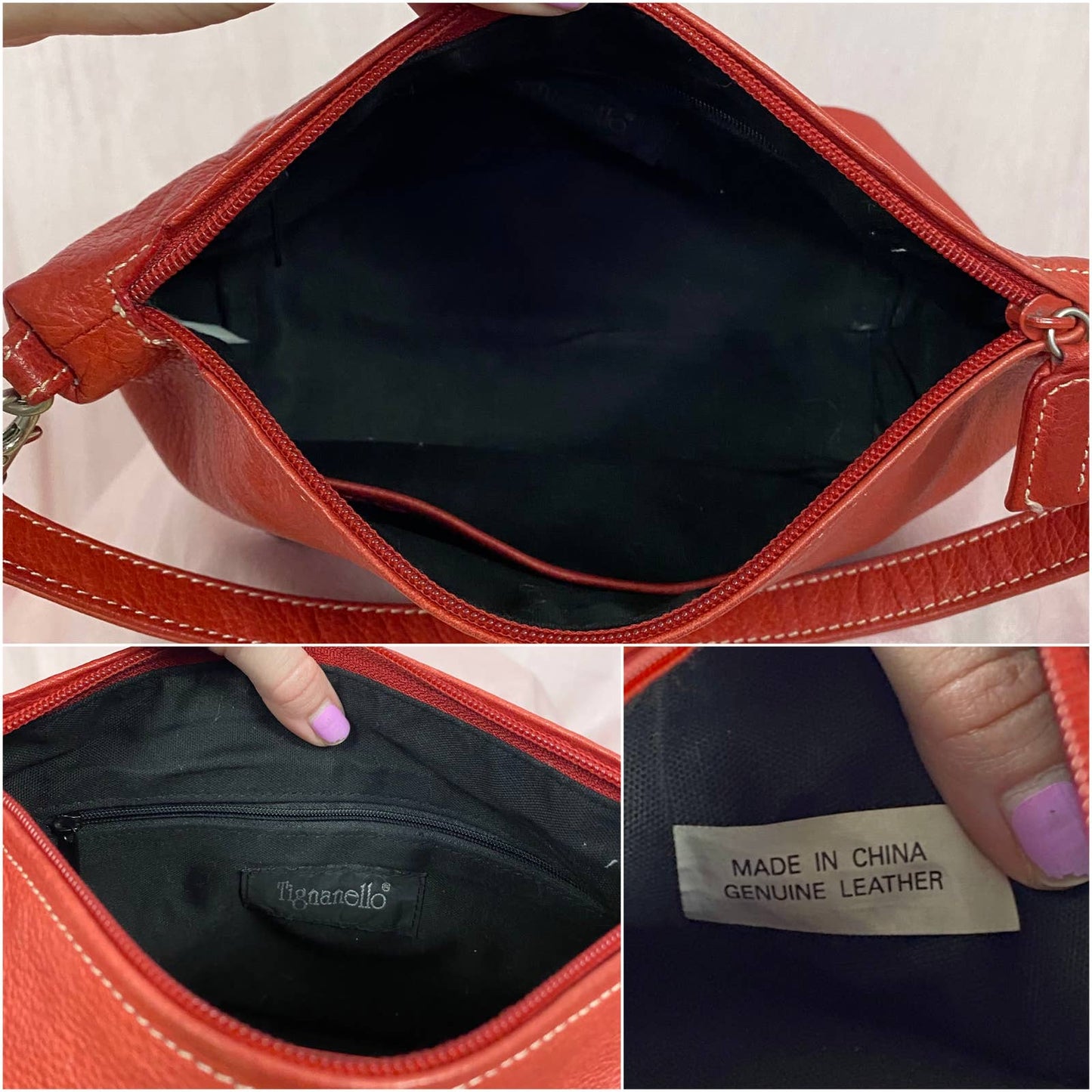 Vintage Tignanello Red-Orange Leather Shoulder Bag