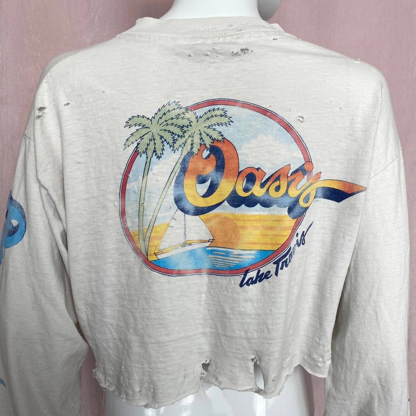 Upcycled Oasis Lake Travis Distressed Crop Long Sleeve, Size Large