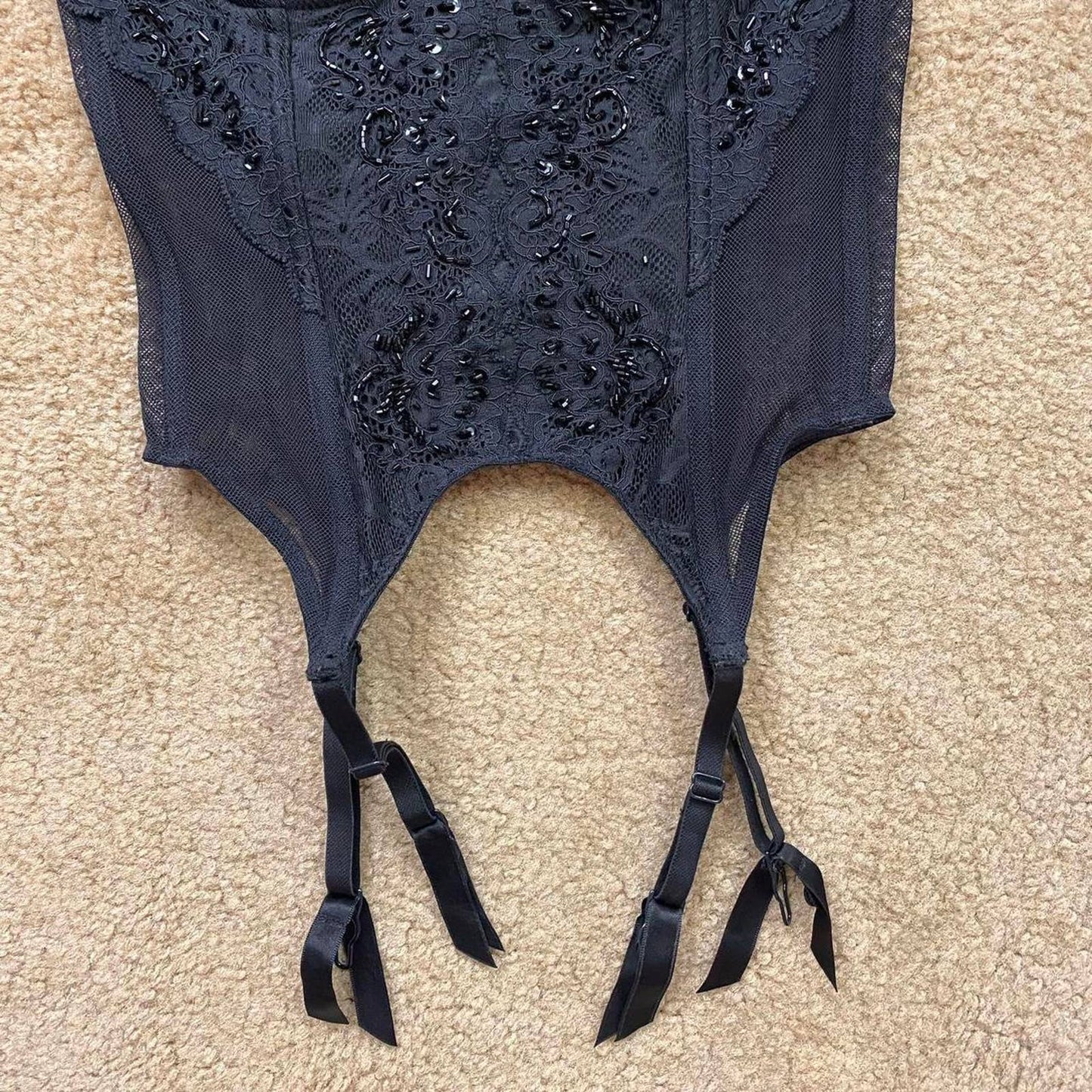 Vintage Victoria’s Secret Black Corset Beaded Lace Bustier, Size 34B