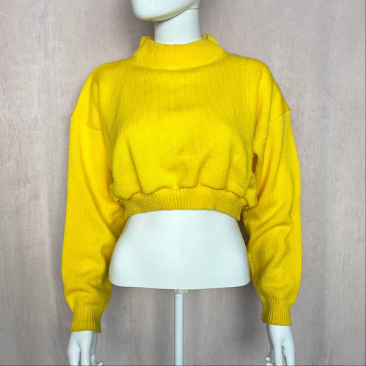 Reworked Vintage One Step Up Yellow Knit Crop Sweater, Size Medium