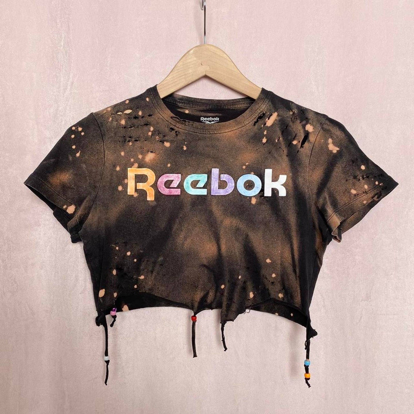 Upcycled Reebok Acid Wash Distressed Crop Baby Tee, Size Small