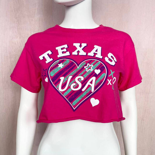 Reworked Texas USA Pink Heart Crop Tee, Size Small