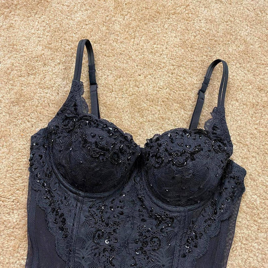 Vintage Victoria’s Secret Black Corset Beaded Lace Bustier, Size 34B